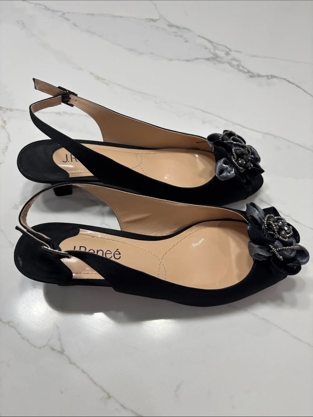 J.Renee Black Satin Slingback Heel with Floral Jewel Accent